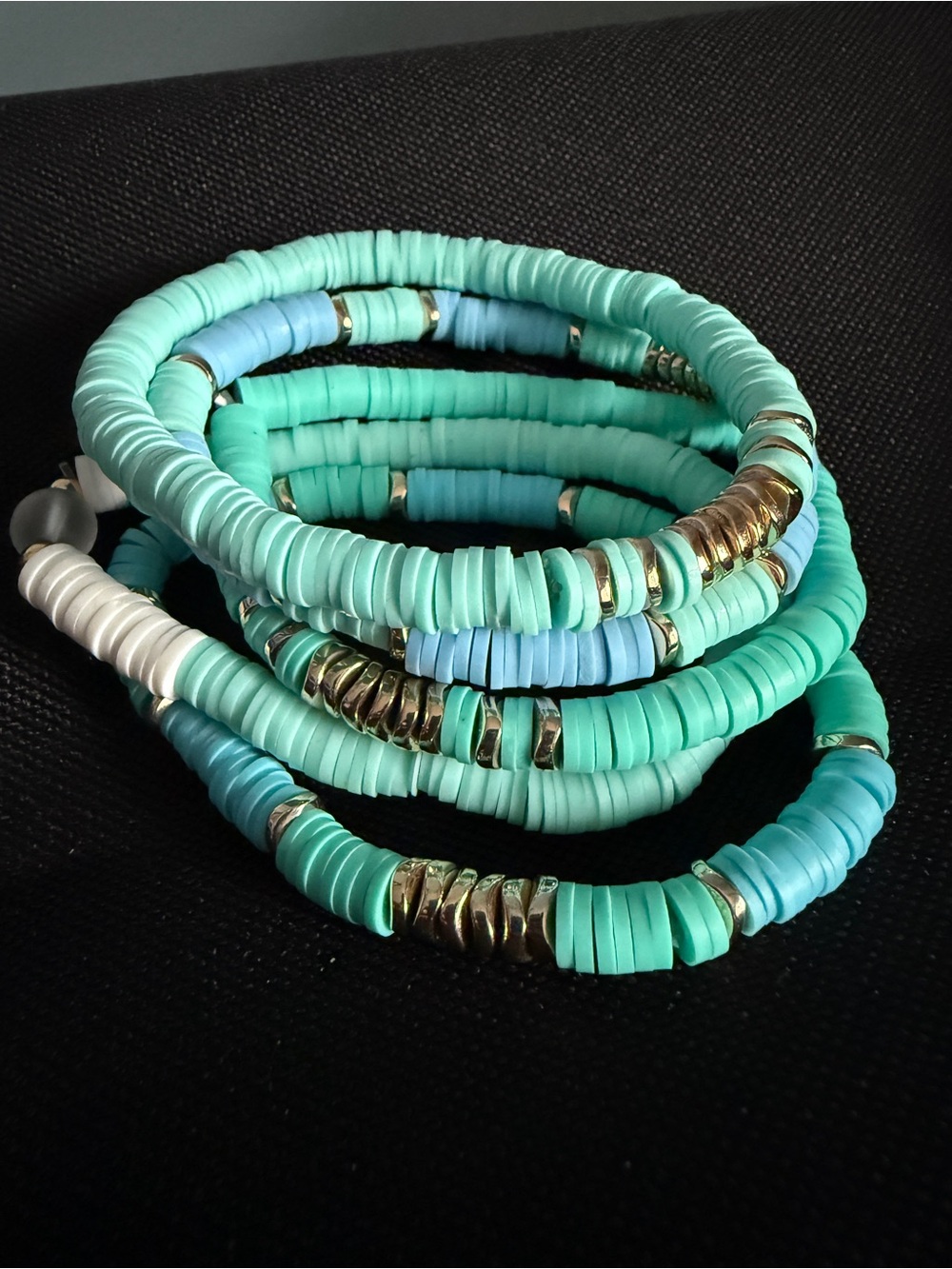 Turquoise Beaded Coil Bracelet Set with Gold Accents - 5 Bracelets - Strech